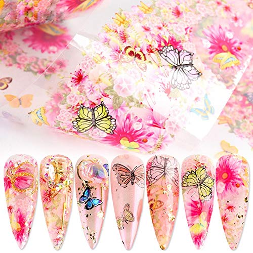 Butterfly Nail Art Foil Transfer Sticker Decals 10 Sheets Rose Flower Gliter Starry Sky Design for Women Fingernails and Toenails DIY Decorations Manicure Tips Wraps Charms