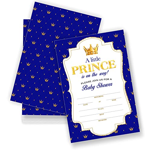 Prince Baby Shower Invitations,Glitter Royal Prince Fill-in Invites, Gold Crown Baby Shower Invitations for Boys,Gender Reveal Party Supplies Decorations(25 Count with Envelopes),B02