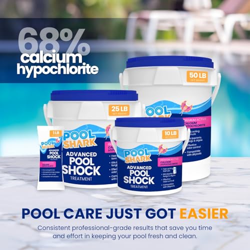 Image of POOL SHARK 68% Calcium Hypochlorite Pool Shock | 50 lb Bucket Chlorine Granules | Pool Shock Treatment for Swimming Pools | Inground & Above Ground Pool Cleaning, Fast-Acting Chlorine Shock