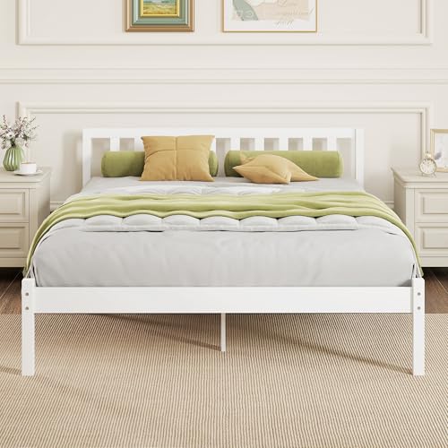 HOMCOM Cadre de lit en Bois Massif 140x190 cm Lit Simple avec tête intégrée et Sommier à Lattes Solide pour Enfants Adultes Blanc