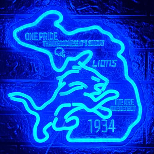 Football Neon Sign for Wall Decor Detroit Football Team Pride Neon Light Sign Lion Led Sign US Map Neon Light Up Sign Football Wall Art for Fan Club Bar Bedroom Man Cave Game Room Party Gifts(N021)