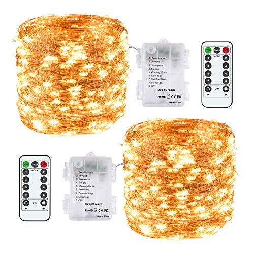 DeepDream 2 Pack String Light Battery Powered, Remote Twinkle Fairy Lights Waterproof Copper Wires 39ft/pack 120leds Warm White 8 Modes Timer Option for Wedding Party Home Bedroom Christmas Decoration