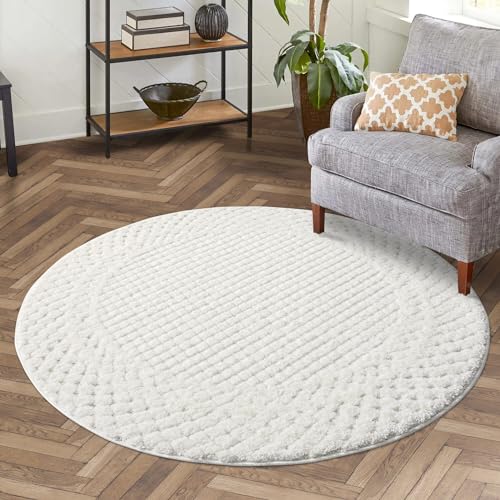 carpet city Teppich Hochflor Wohnzimmer - 200 cm Rund - Einfarbig Weiß/Creme - Hochtief-Muster/...