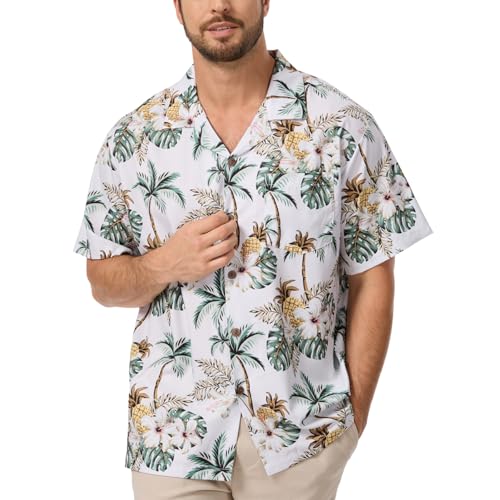AMZSPORT Camisa Hawaiana Hombre Manga Corta de Verano Camisas Festival Estampada, Piña Blanca con Palmera S