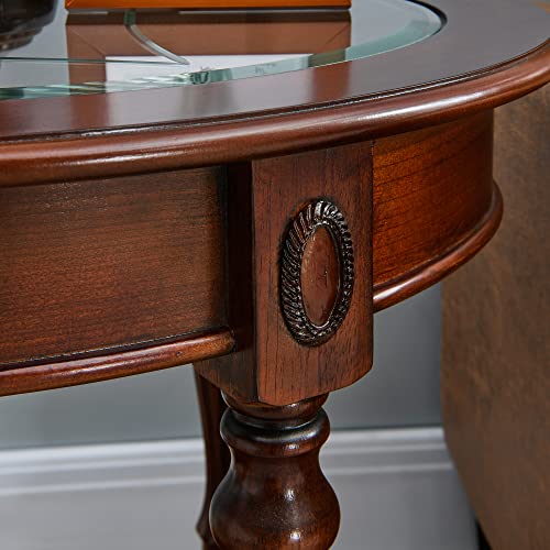 Moderion Solid Wood End Table With Tempered Glass, Oval Sofa Side Table With Storage Shelf, Carvings Side Elegant Vintage, Easy Assembly, For Living Room Walnut Cjz1533Gt #TOP5