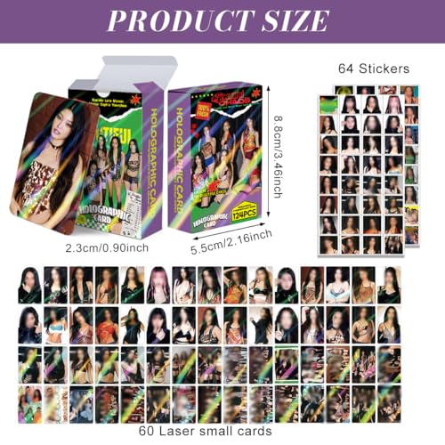 Image of Fancyku K-Pop Star Cards Sticker Set, 64PCS Holographic Photo Cards + 60PCS Stickers, Idol Laser Photocard Collection, Cute Aesthetic Scrapbook & Phone Decor for Fans, 9x6cm