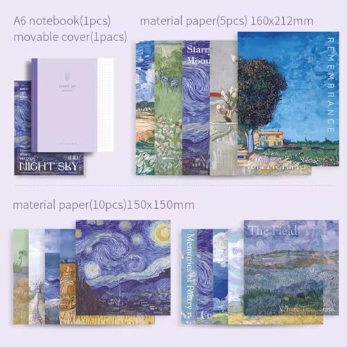 Image of VIBE VISTA Vintage Aesthetic Scrapbook Kit,346 Pcs,A6 Grid Notebook,Washi ,Envelopes,Scrapbook Papers,Folding Labels,Background Papers,Photo Frames,Calendar Stickers,Stickers (The Starry Night)