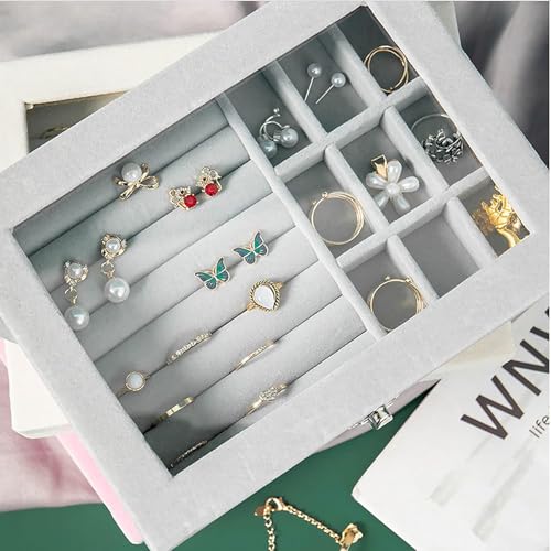 Image of BucketList Women's Velvet Glass Ring Earrings Jewelry Box - Display Storage Showcase Holder Organizer (Small 9 Grid 9 Rows-Grey)