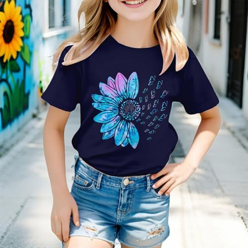 Girls Cute Graphic Tees Sunflower T-Shirt 3/4 Sleeve Aesthetic Blouse for Girls Cute Tops Crewneck T-Shirt Tees Blouses3