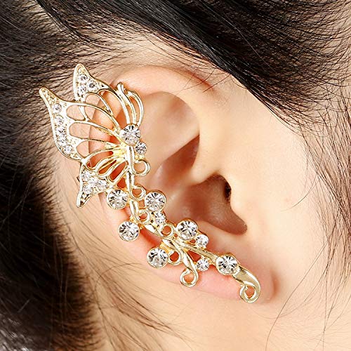 2Pcs Ear Cuff Crawler Earrings Crystal Butterfly Elven Ear Cuffs Climbers Hypoallergenic Piercing Ear Cuff Wrap Clip Earrings For Women Girls(Gold) #TOP2