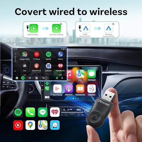 Image of Ottocast Mini 2-in-1 Wireless Carplay Adapter by KMH & Wireless Dongle CarPlay or Android Auto Adapter for Car | USB C /A Bluetooth 5.3 5.8Ghz WiFi Reliable Connectivity (Pack of 1)