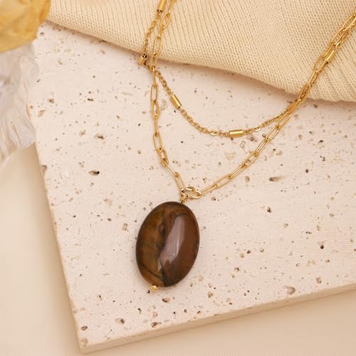 Jean Beau Gold Layered Gemstone Pendant Necklace for Women,Trendy Statement Stone Paperclip Chain Choker Everyday Prom Fashion Jewelry Gift4