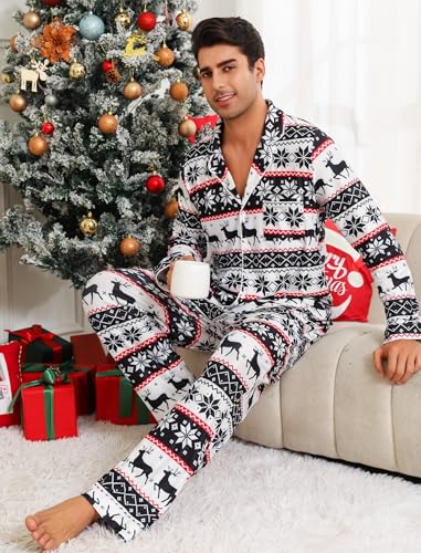 ENJOYNIGHT Couples Christmas Pajamas Sets Long Sleeve Sleepwear 2-Piece Pjs Set Button-Down Loungewear Comfy Nightwear3