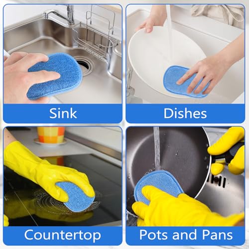 Image of 6 Pack Dual-Sided Sponges Kitchen, Non Scratch Microfiber Dish Sponge All Purpose Dish Washing Scrubber for Cleaning Non-Stick Cookware Dishes Kitchen Pots Pans Sink Household(Blue)