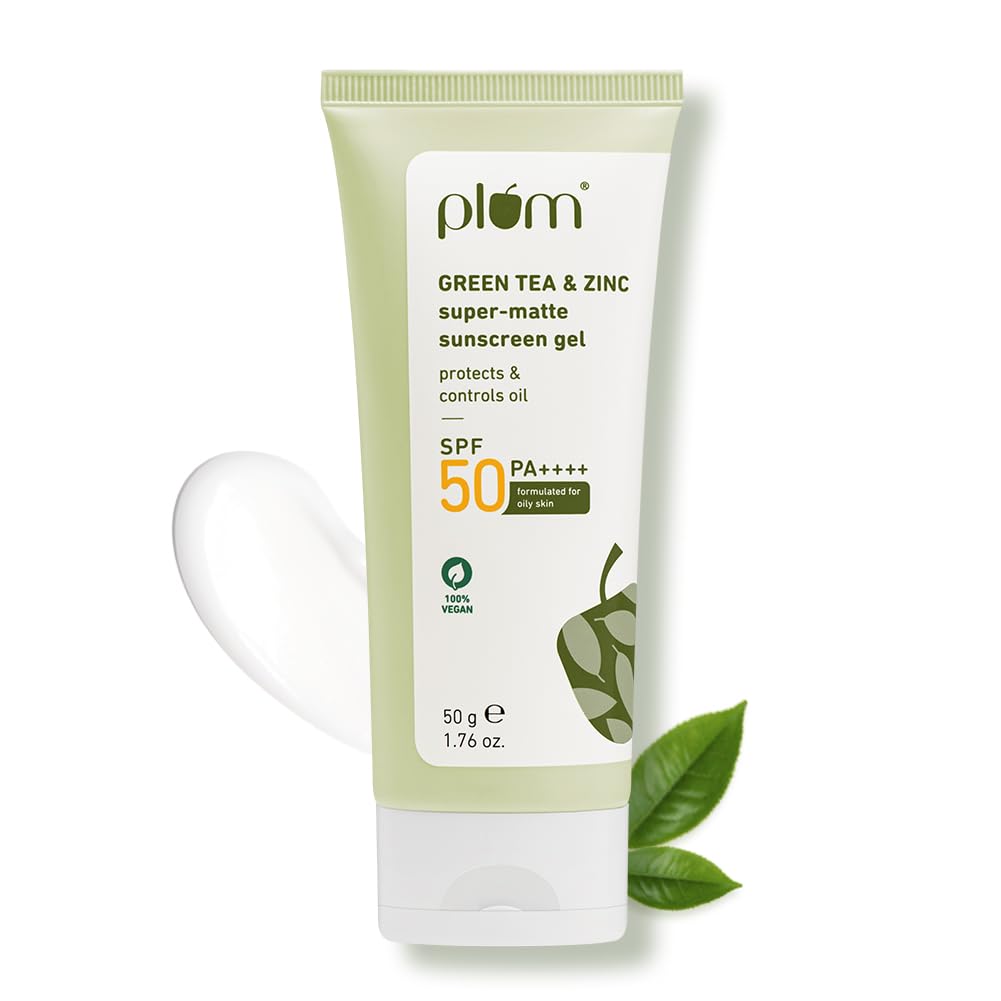 Plum Green Tea & Zinc Super-Matte Gel Sunscreen SPF 50 PA ++++ | Formulated for Oily, Combination and Acne Prone Skin | Protects & Controls Oil | Lightweight, No White Cast & Non-Sticky | Vegan | 50 g