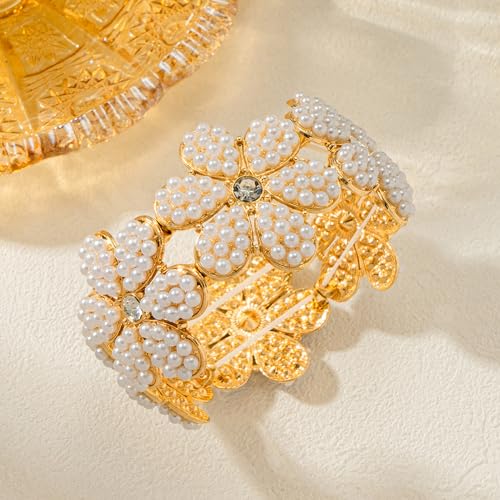 Gold Pearl Bangle Bracelets for Women Chunky Flower Stretch Bracelets Wrist Wrap Bracelet Jewelry3