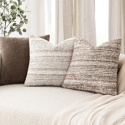 Image of Foindtower Set of 2 Faux Fur Textured Modern Throw Decorative Pillow Covers Square Accent Striped Cushion Sherpa Boho Farmhouse Pillowcase for Couch Sofa Living Room Home Decor 18x18 Inch,Light Taupe