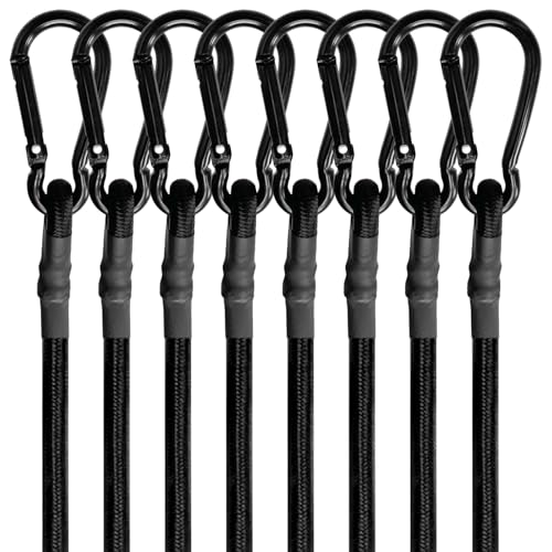 BEXSLE 8 Pcs 24in Bungee Cords with Carabiner Hooks Heavy Duty Outdoor Black Bungee Straps Strong Industrial Grade Elastic Bungee Rope for Securing Tarps Luggage TentsBikes or Garden Tidying