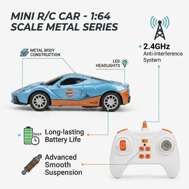 Image of Mini RC Car 1:64 Scale Remote Control Car for Kids, App Controlled Electric Racing Toy with LED Lights, Rechargeable Battery, 2.4GHz Control System, Birthday Gift for Boys & Girls (Blue)