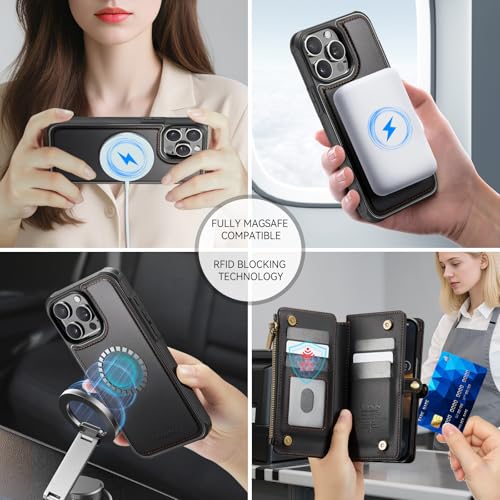 Defencase for iPhone 13 Pro Max Magnetic Wallet Case Compatible with Magsafe with RFID Blocking Zipper Strap Card Holder for Women, PU Leather Detachable Case for iPhone 13 Pro Max (6.7"), Black by Defencase - Image 4