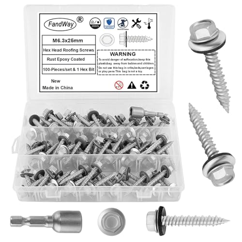 FandWay M6.3x25mm Self-Drilling Roofing Screws,120pcs Hex Head Sheet Metal Tek Screws,Rust Epoxy Coated Self Tapping Wood Siding Screw With EPDM Washer and Hex Drive for Corrugated Roofing.