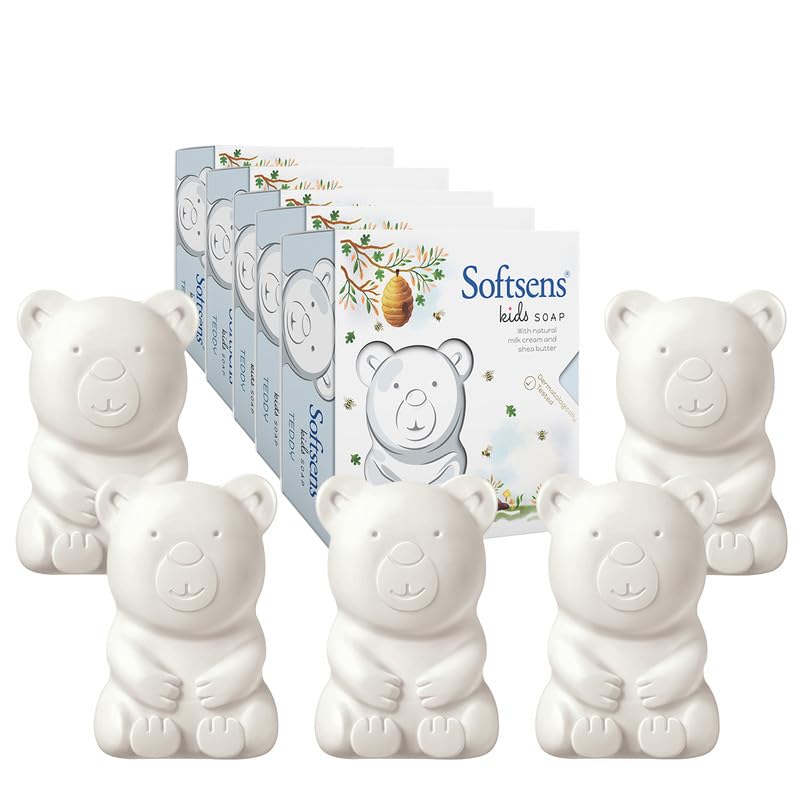 Image of Softsens Kids Soap Teddy 75g each ( Pack of 5 x 75g) | Gentle Nourishing Care with Shea Butter & Natural Milk Cream, Dermatologist Tested Baby Soap, Moisturizing Animal Shape Bar Soap For Toddlers & Kids 2-10 Years