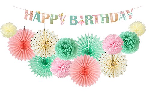 EASY JOY Decoration Anniversaire Fille Rose Menthe Happy Birthday Banner Or Rosace Papier Pompon Deco Kit Decoration Boheme pour Bebe Filles Femmes