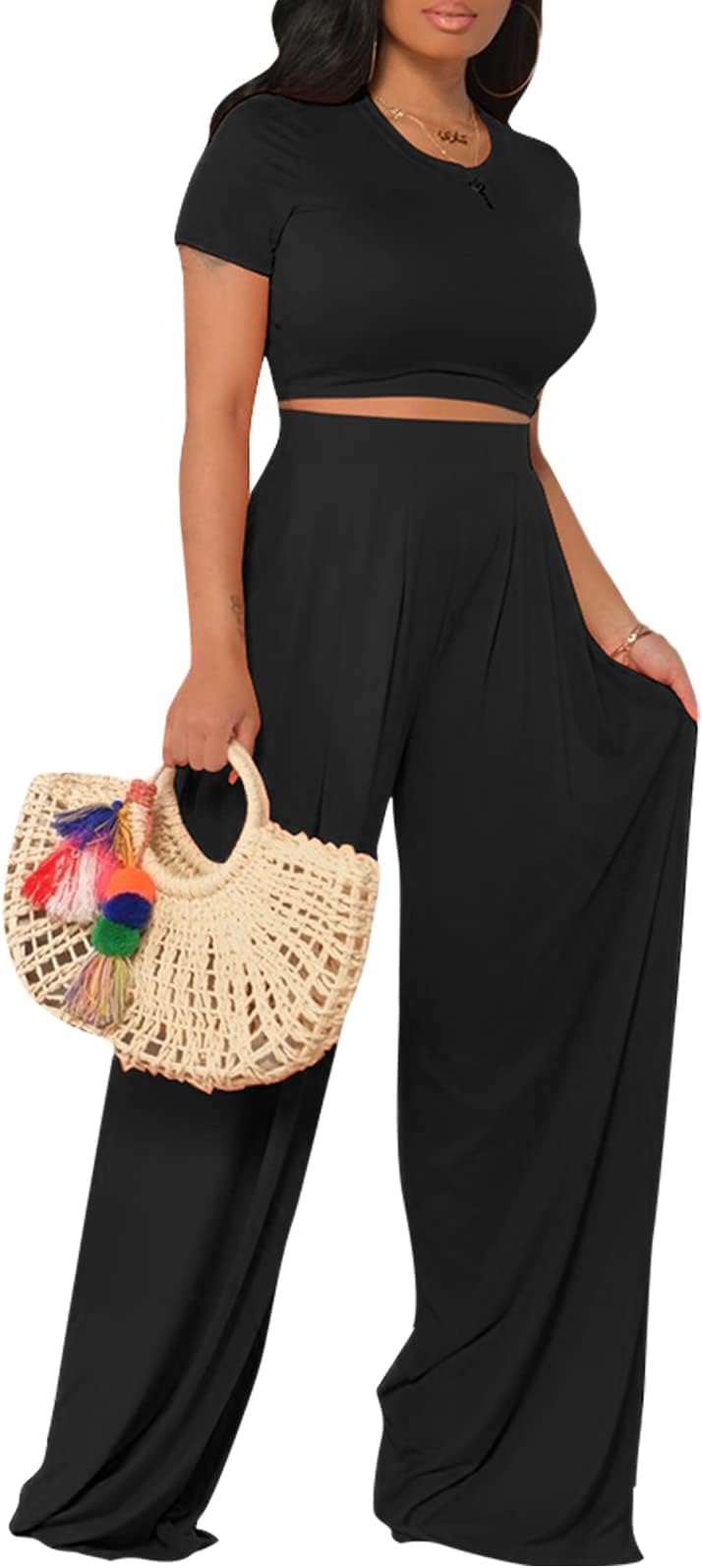 YouSexyCasual Summer 2 Piece Outfits for Women Short Sleeve Crop Top High Waist Wide Leg Pants Sets