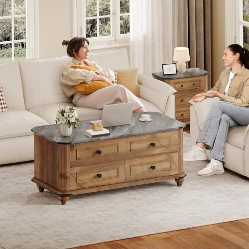 DWVO Lift Top Coffee Table with Storage, Farmhouse Wood Central Table w/Large Hidden Compartment, 2 Storage Drawers, Lift Tabletop Dining Table for Living Room, Reception Room, Rustic Brown