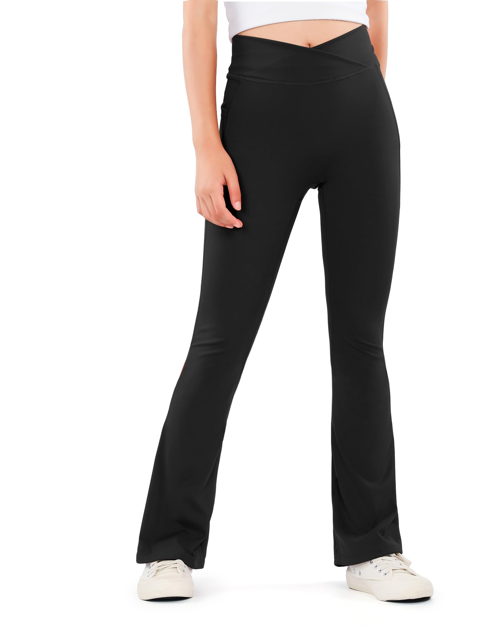 HASMES Leggings acampanados para niñas con bolsillos, parte inferior acampanada, pantalones de yoga acampanados de cintura alta para bailar ropa deportiva