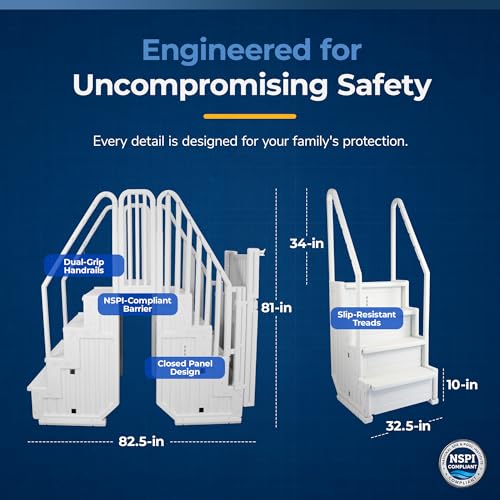 Image of Blue Wave Above Ground Pool Steps with Gate and Bridge - Heavy Duty Stairs with Dual Handrails, 350-lb Capacity - Freestanding for 48 to 54 Inch Deep Pools, No Deck Required