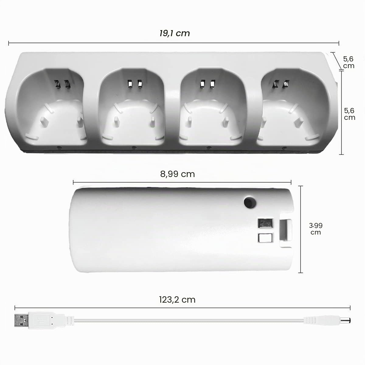Stazione di Ricarica per Controller Wii, con 4 Batterie Ricaricabili da 2800 mAh e Indicatori a LED, Caricatore Wiimote per Wii Supporto di Ricarica per Telecomando Wii, Bianco