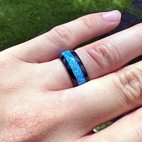 Tungsten Carbide Blue Opal Inlay Comfort Fit Ring Promise Wedding Engagement for Men, 8mm 6mm 4mm, Black Rose Gold Silver, Band Dome Style High Polished Finish, Gift Box Included3