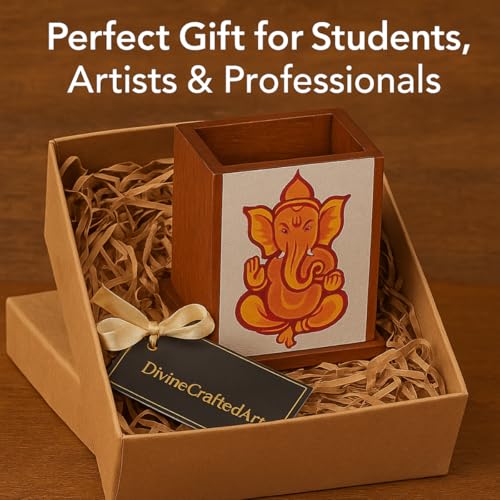 Image of Handcrafted Wooden Pen Holder & Mobile Stand | Desk Organizer for Office, Home & Study Table | Pen Pencil Stand with Card Holder (6.75x3.75x2.5 Inch) (Ganesha Harmony)