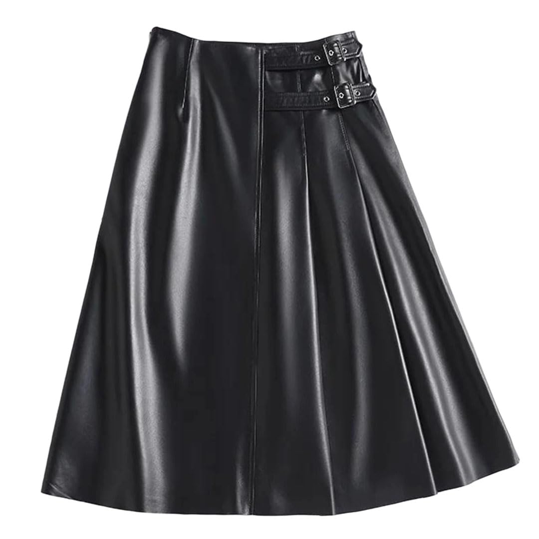 Women Leather Skirts Mid-Length Sheepskin Buckle A-Line Asymmetric Pleated