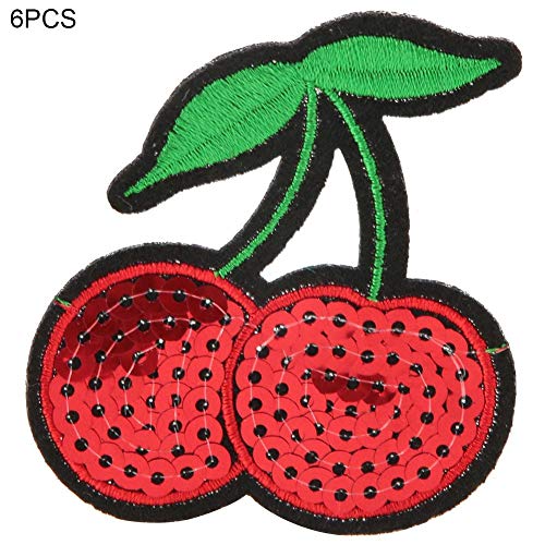 Etiqueta de tela, 6 piezas de tela bordada de cereza para ropa de bricolaje, jeans, chaqueta, bolso, zapatos, parche de lentejuelas de cereza, mochila, parche de ropa