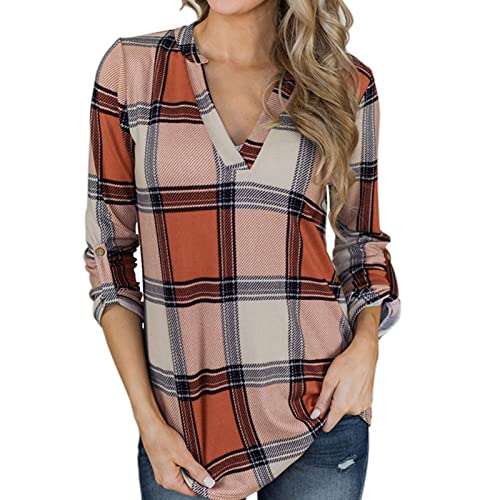 Túnica de Camisa Xadrez, Camisas Xadrez Com Decote Em V Pulôver Bloco de Cores Suave para a Pele Sol