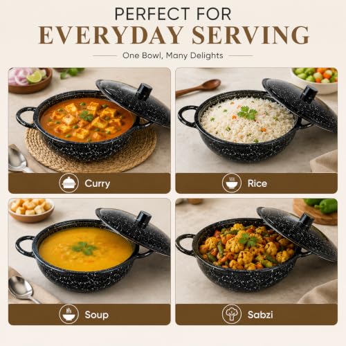 Image of Melvio By Malti Black Granite 1 Piece Serving Bowl with Lid | Melamine Dinnerware Set, Premium Dinner Set Crockery Plates Bowls Tableware for Home Dining Kitchen