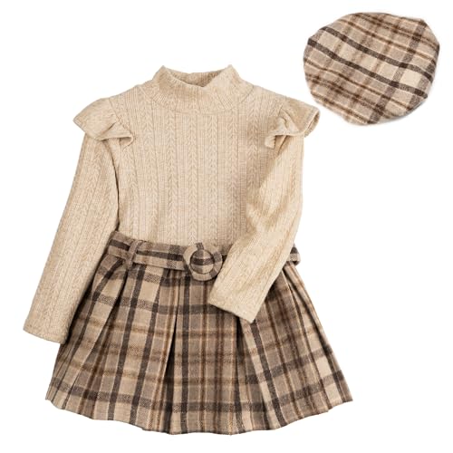 Miipat Bébé Fille Vetement Ensemble Manches Longues Automne Hiver Vêtements Ensemble Hauts avec Mini Jupe Ensemble Robe Fille avec Chapeau 110 3-4 Ans