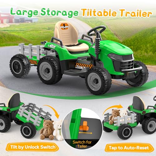 Image of ANPABO 24V Ride On Tractor for Kids w /Detachable Trailer, EVA Tires, Green