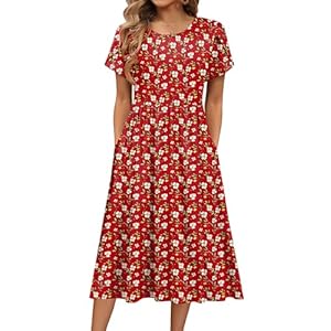 HOTOUCH Women’s Summer Short Sleeve A-Line Midi Dresses Casual Floral T-Shirt Dress Flowy Beach Sundress with Pockets