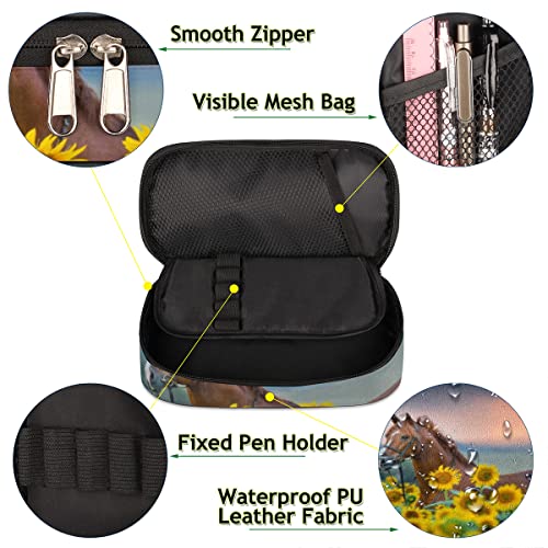 Image of Pardick Horse Sunflower Big Capacity Pencil Pen Case Horse Flower Large Pencil Pouch with Zipper Compartments Pencil Bag for Boys Girls Adults Student Office School Supplies