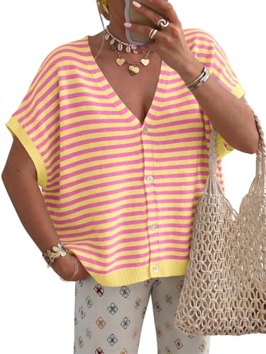Image of Saodimallsu Womens Summer Oversized Cardigans Batwing Short Sleeve Lightweight Button V Neck Casual Knit Sweater Tops