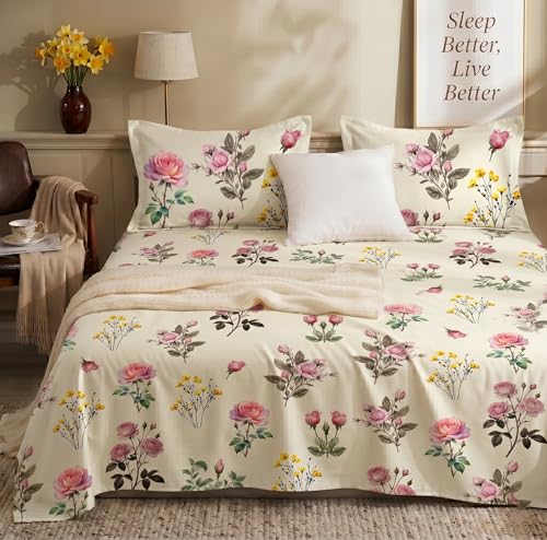 Image of BSB HOME 240 TC Cotton Bedsheet with 2 Pillow Covers, Soft Breathable Floral King Size Flat Bed Sheet - 90 x 100 Inches (228 x 254 cm) (Dusty Rose)
