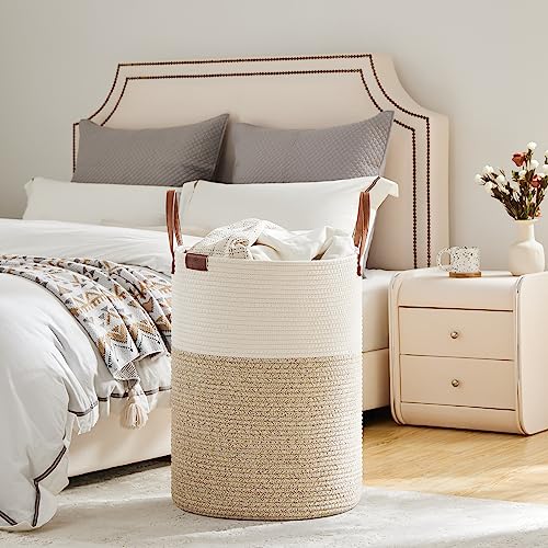 Image of VIPOSCO 100L Tall Woven Rope Laundry Hamper, Leather Handles, White & Brown