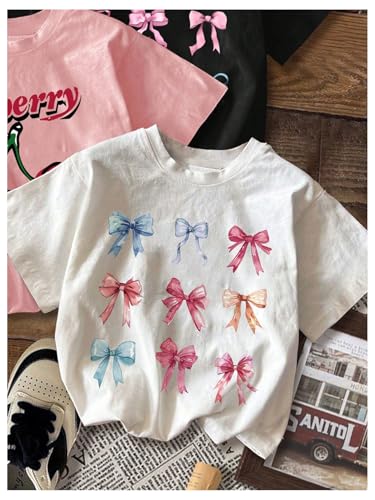 Image of SHENHE Girl's 3 Pack Cute Graphic Tees Cherry Bow Print Aesthetic Short Sleeve Shirt Tops