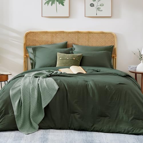 Image of King Size Comforter Set- 7 Pieces Prewashed Bed in a Bag King Bedding Sets | Soft All Season Comforter with Sheets, Pillow Shams & Pillowcases,Deep Forest
