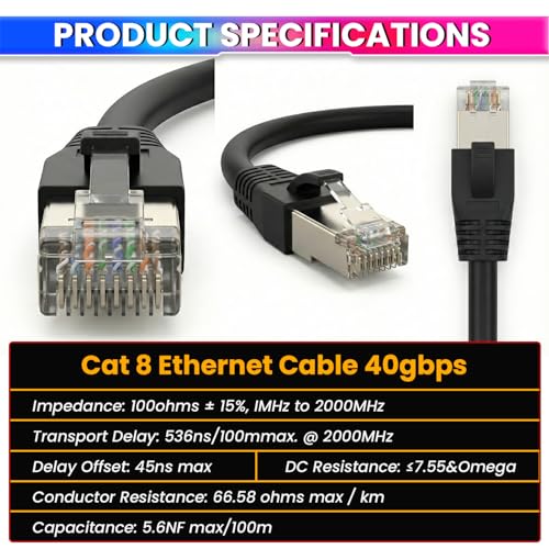 Image of amiciTools Cat8 Ethernet Cable with 22AWG Solid Core 5 Meter | 40Gbps Ultra High-Speed LAN Cable, 2000MHz Bandwidth, Gold-Plated RJ45, Shielded Network Cable for Gaming, Routers & Servers