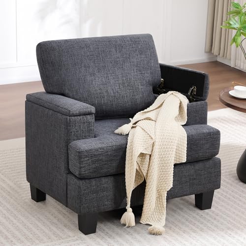 Image of Accent Chair for Living Room, Modern Upholstered Reading Chairs with Armrest Storage, Comfy Large Armchair, Fabric Single Sofa Chair for Bedroom (Dark Grey)