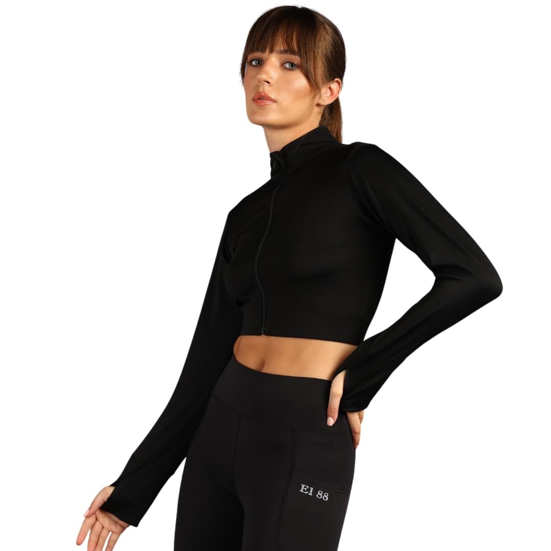 e1.88 Woman Zip Croptop with Thumbholes || Women Activewear top with Thumbhole ||Zip Gym Croptop with Thumbholes-picture-10
